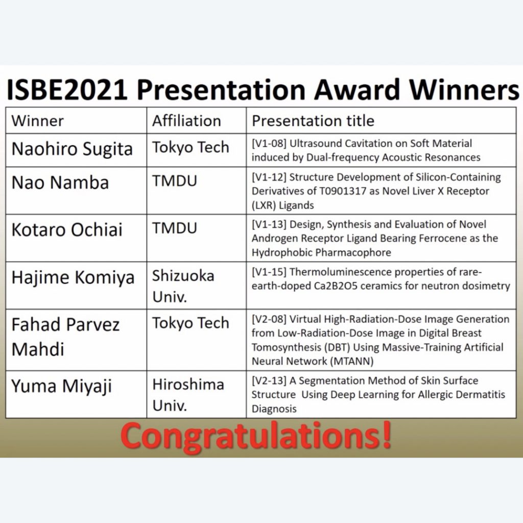 マハディさんが ISBE2021で受賞しました