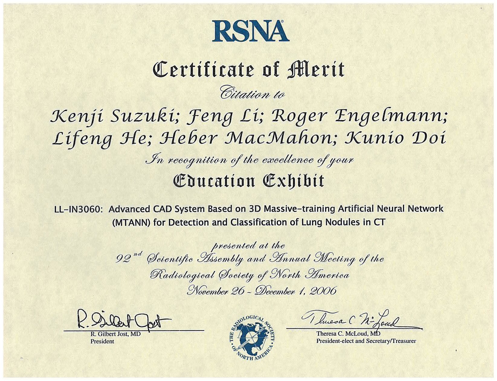 Dr. Suzuki and collaborators have received Certificate of Merit from RSNA