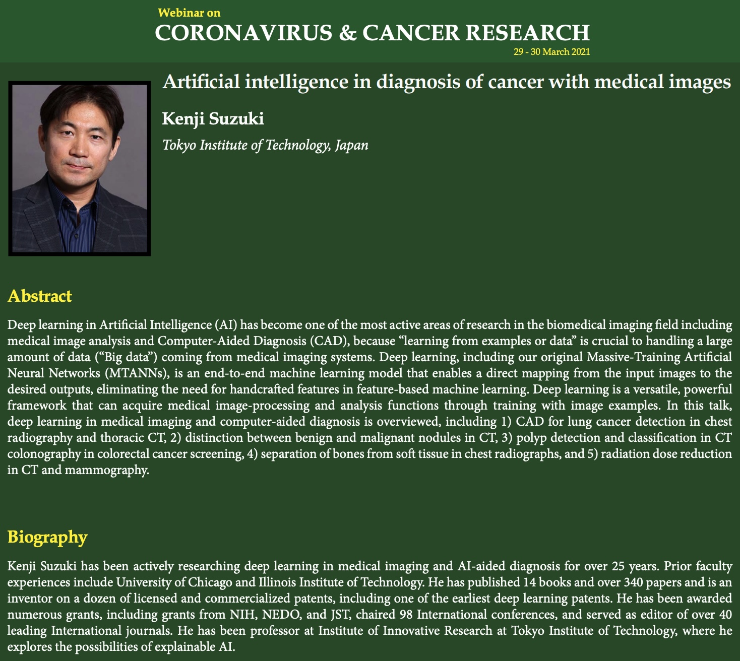 Dr. Suzuki gives a talk at Webinar on Cancer Research