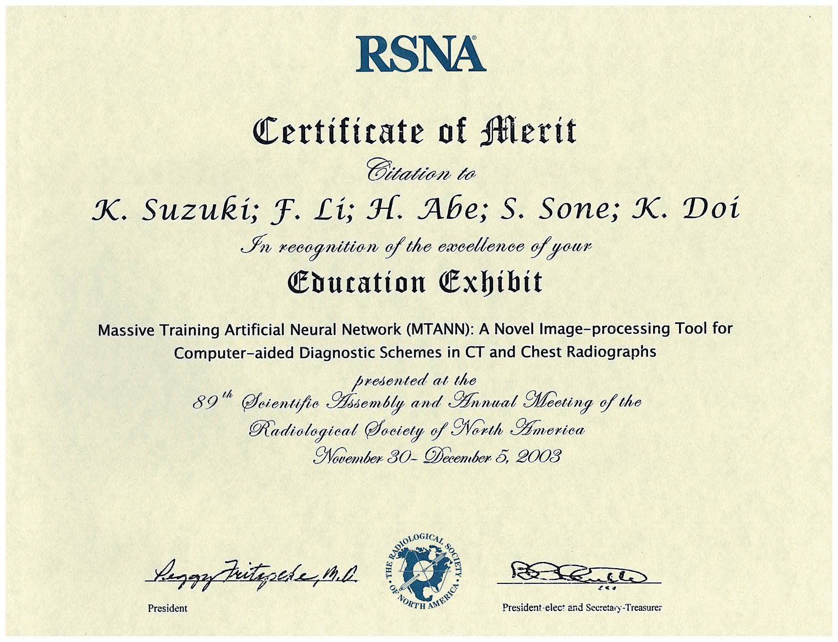 Dr. Suzuki and collaborators have received Certificate of Merit at RSNA