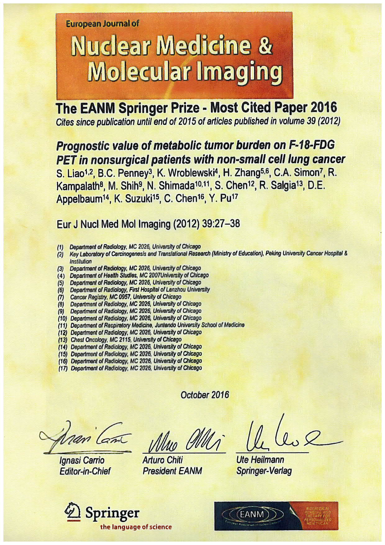 Dr. Suzuki and collaborators have received The EANM Springer-Nature Award 2016