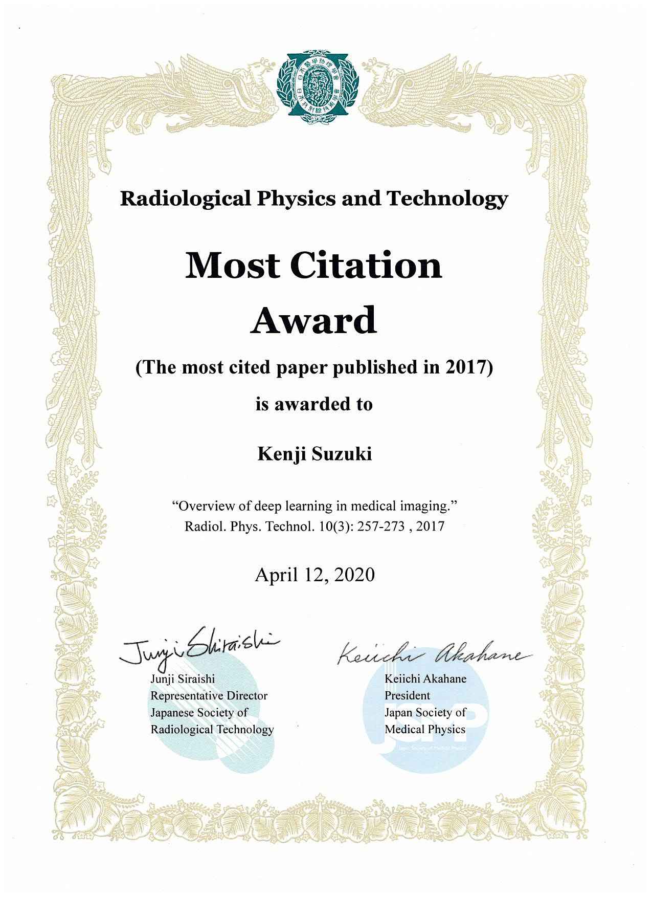 Dr. Suzuki has received The Most Citation Award