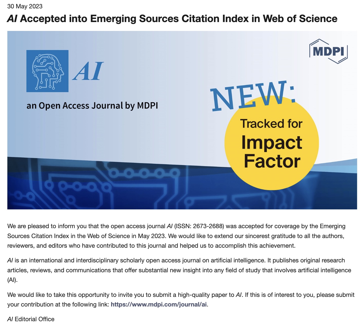 Journal “AI” has been accepted into the Emerging Sources Citation Index in Web of Science